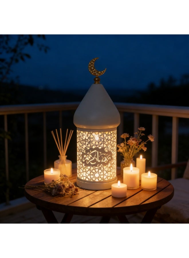 Decorative Ramadan Lantern Candle Holder with Crescent Top, Hollow-Carved Pattern Table Centerpiece, Ambient Light for Home Decor, Festival & Party Use(FD778-M) - Image 1
